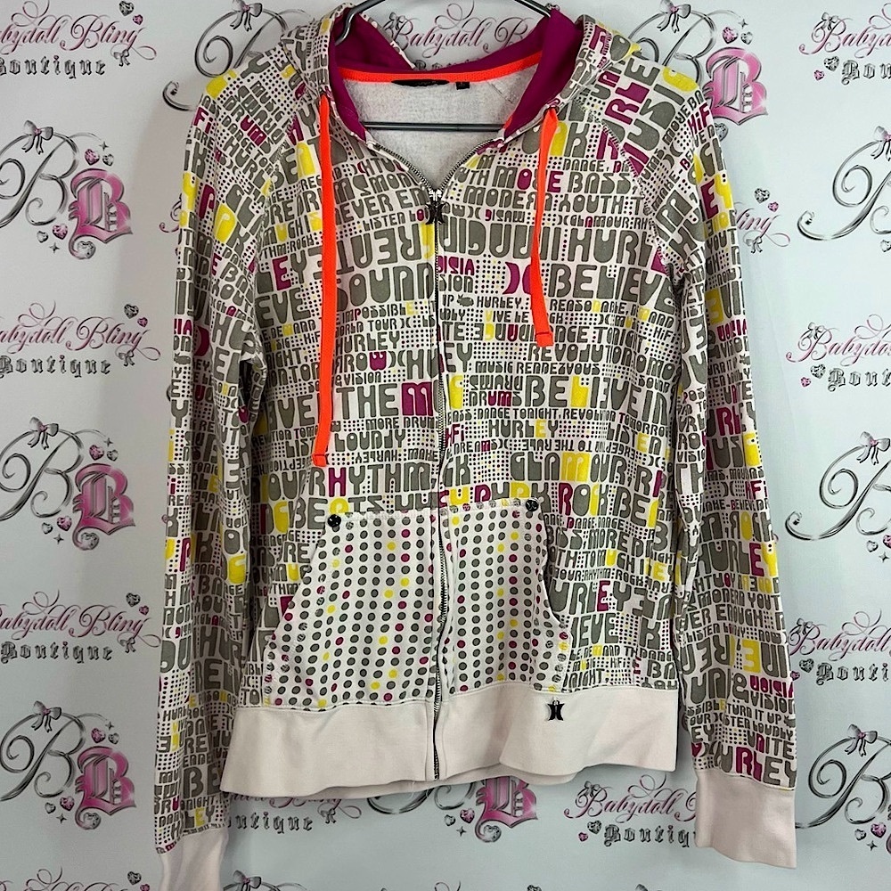 Hurley sweater vintage y2k writing logo neon accents Multicolor Graphic Hoodie